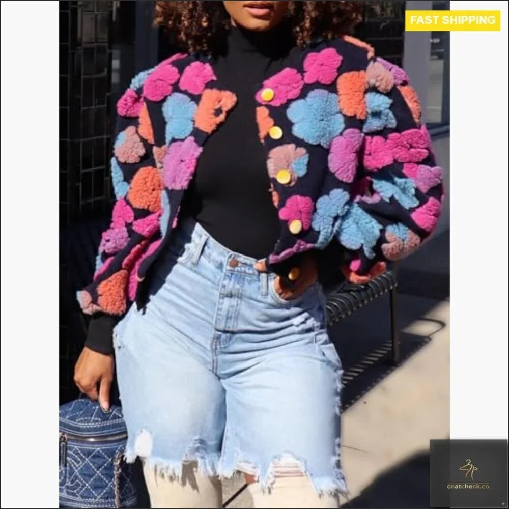 Cropped Fleece Bomber Jacket Puff Sleeve Floral Print Button Down